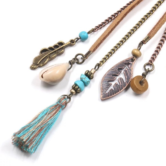 Leather Tassel Shell and Feather Boho Turquoise Earrings - Picture 6 of 7